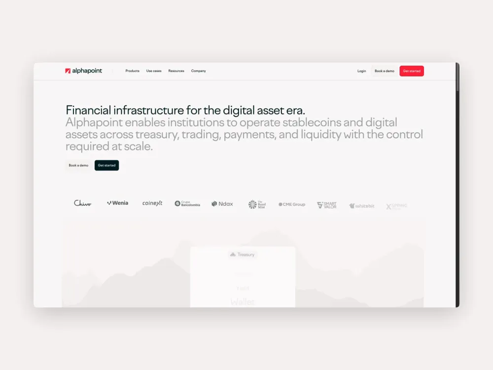 AlphaPoint homepage with financial infrastructure messaging and product sections