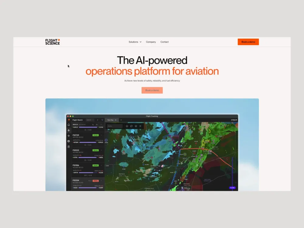 Flight Science homepage with aviation operations messaging and a product map