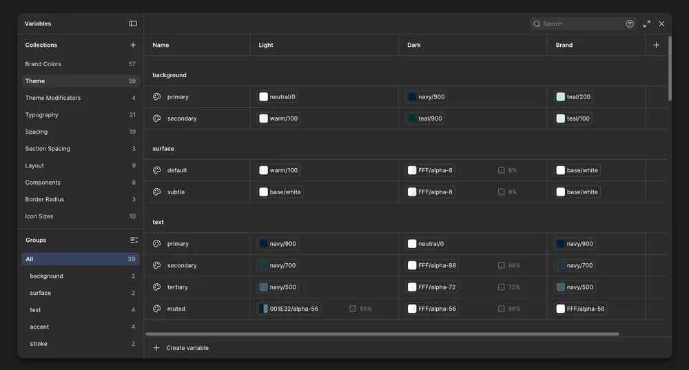 Teal Health color tokens across light, dark, and brand themes in Figma.