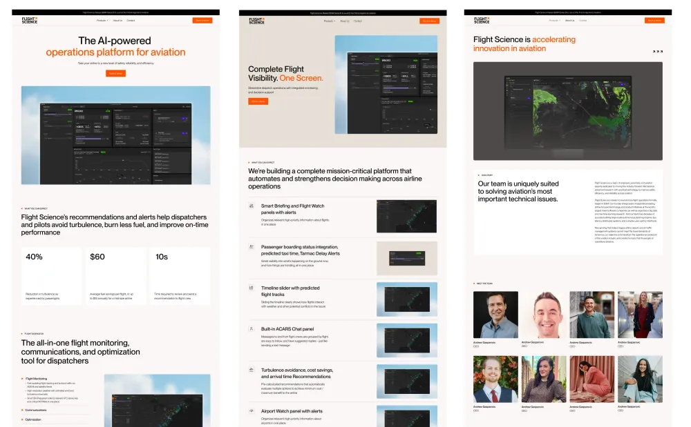 Flight Science homepage, product, and company page designs.
