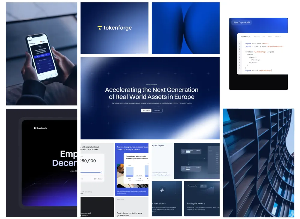 Tokenforge visual direction with website, mobile, and brand applications.