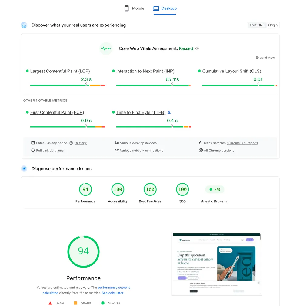Recorded desktop PageSpeed report showing a passed Core Web Vitals assessment.