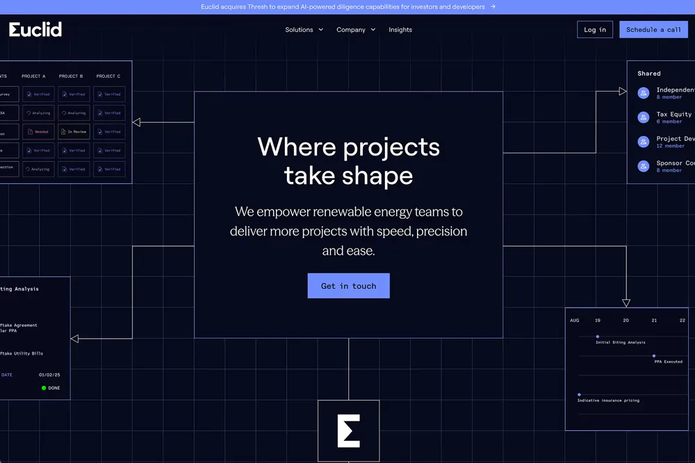 Euclid Power homepage: "Where projects take shape" over a dark diagram of connected project panels.