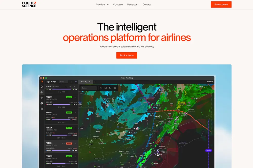 Flight Science homepage: "The intelligent operations platform for airlines" above a product screenshot of a flight weather map.
