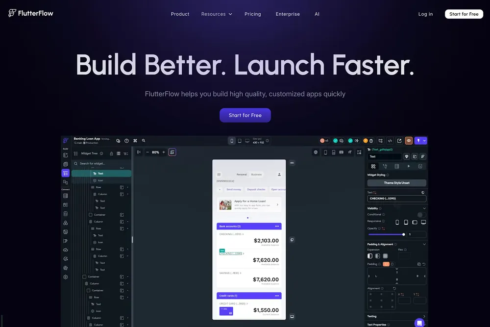 FlutterFlow homepage: "Build Better. Launch Faster." above a screenshot of the app builder.