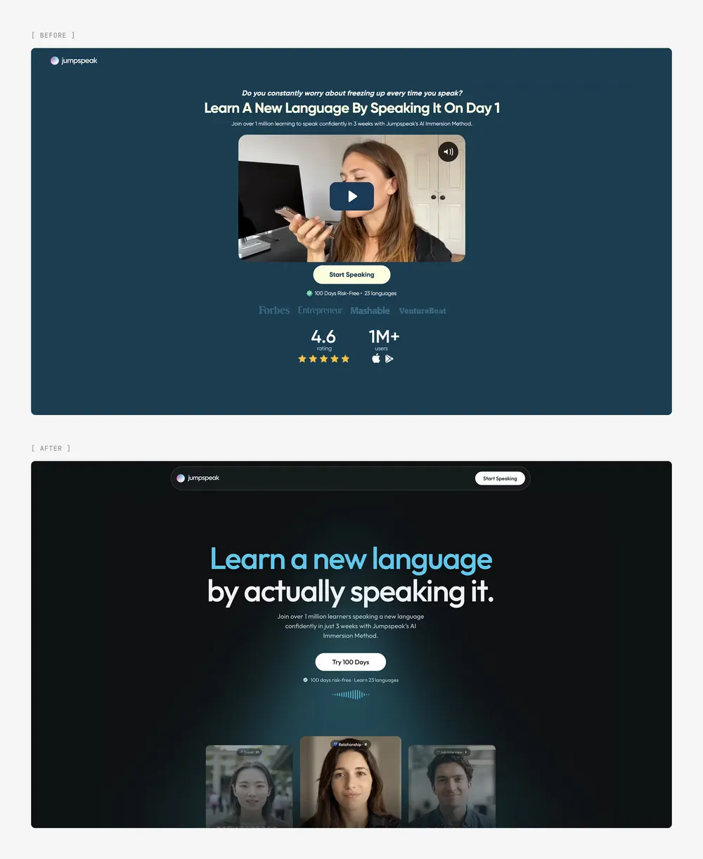 Before and after: the old Jumpspeak hero on navy with a stock video still, above the new dark hero with the speaking headline and persona video cards.