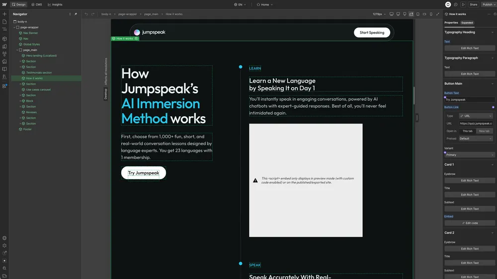 A Jumpspeak section open in the Webflow Designer, with its component properties in the right panel.