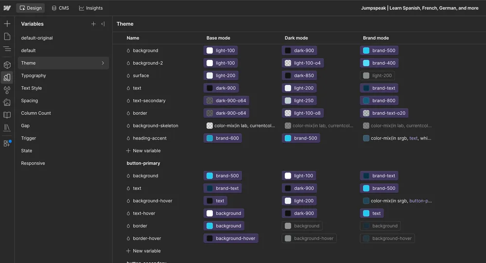 Jumpspeak theme variables in Webflow across base, dark and brand modes.
