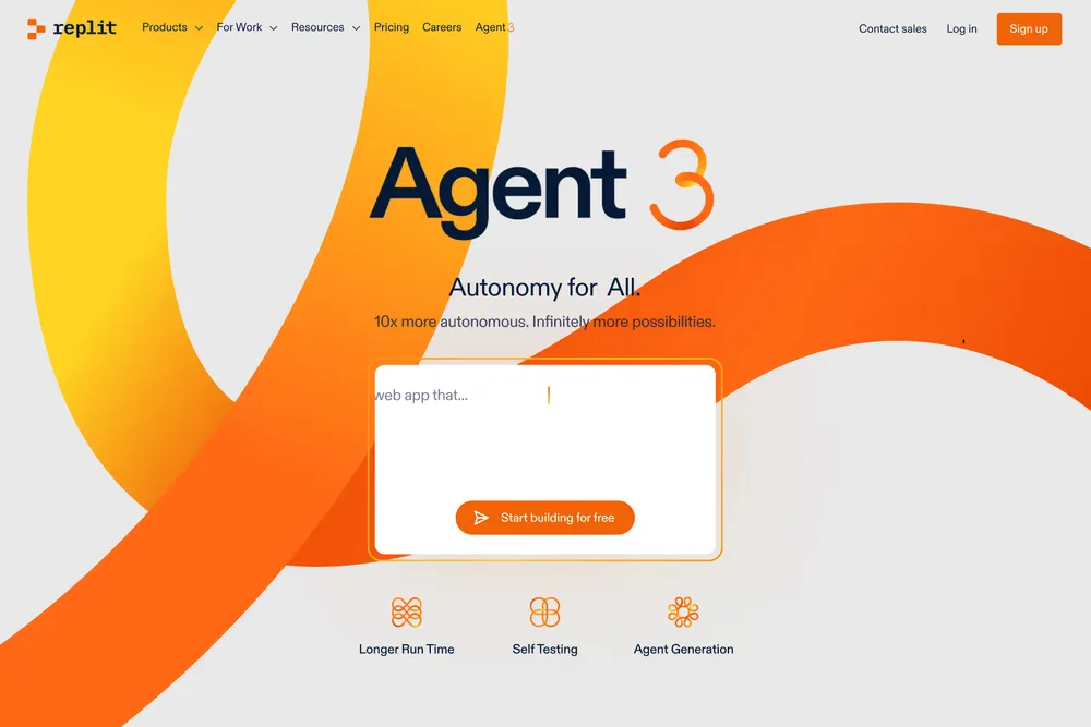 Replit Agent 3 launch page: the "Agent 3" headline on orange and yellow ribbons, with a prompt box below.