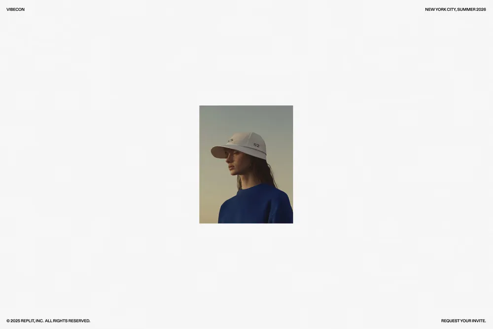 Replit Vibecon page: a portrait photo centered on a white page with minimal typography.