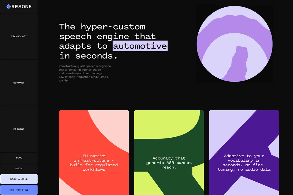 Reson8 homepage: "The hyper-custom speech engine that adapts to automotive" above three colorful feature cards.