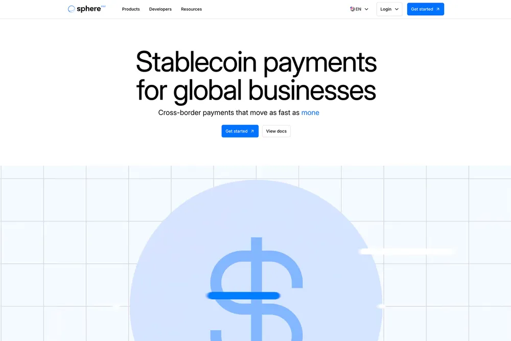 Spherepay homepage: "Stablecoin payments for global businesses" above a large dollar symbol.